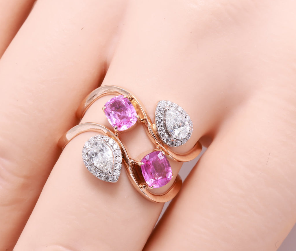 Unheated Pink Sapphire & Pear Diamond Swirl Ring in 18K rose gold — view 11