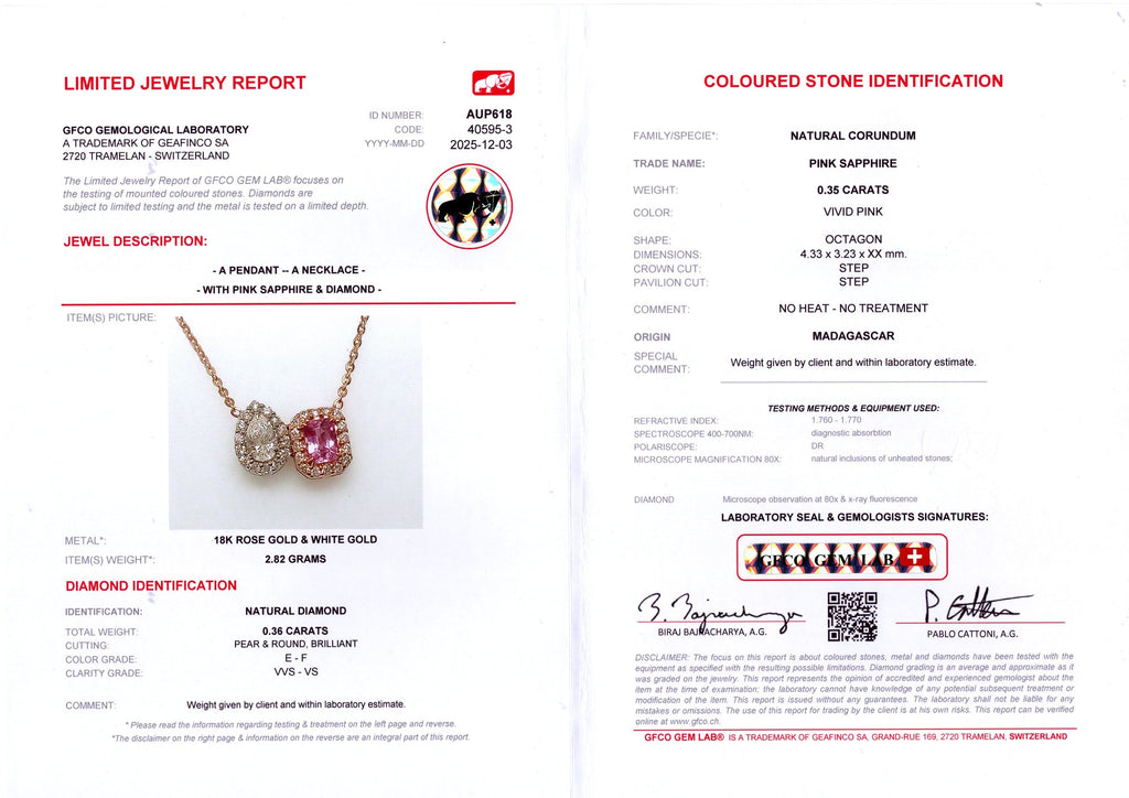 Unheated Pink Sapphire & Pear Diamond Toi et Moi Pendant — GFCO laboratory report