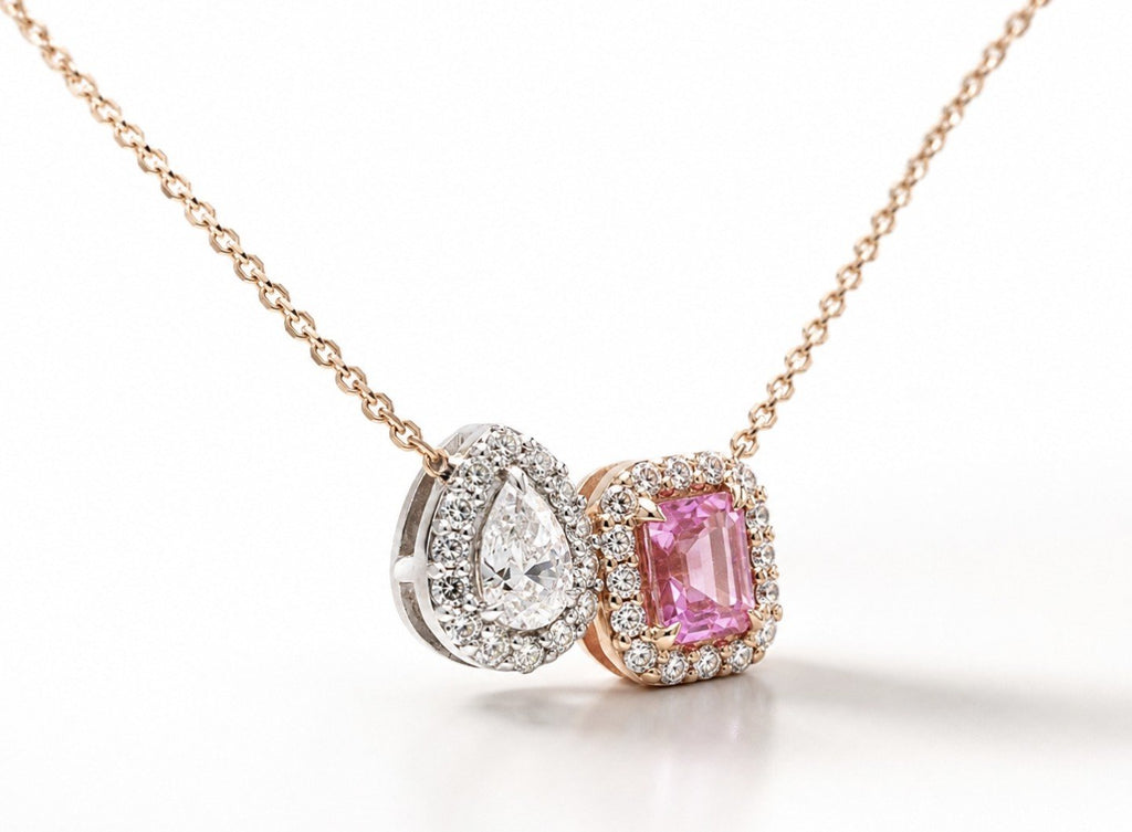 Unheated Pink Sapphire & Pear Diamond Toi et Moi Pendant in 18K rose gold — view 1