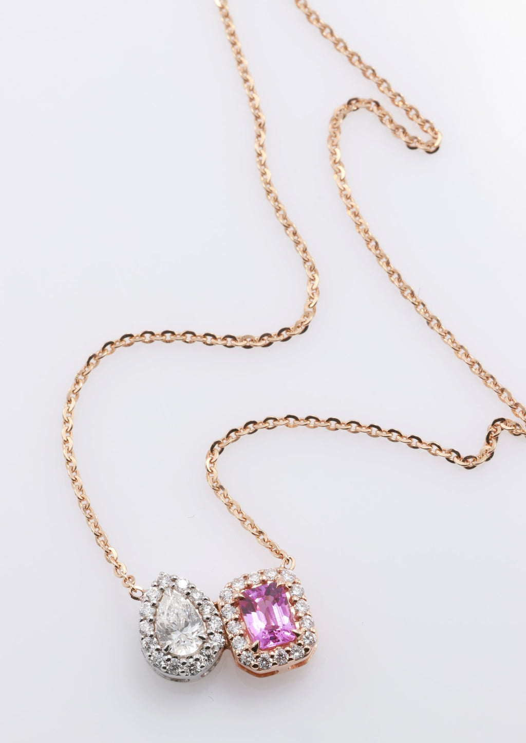 Unheated Pink Sapphire & Pear Diamond Toi et Moi Pendant in 18K rose gold — view 2