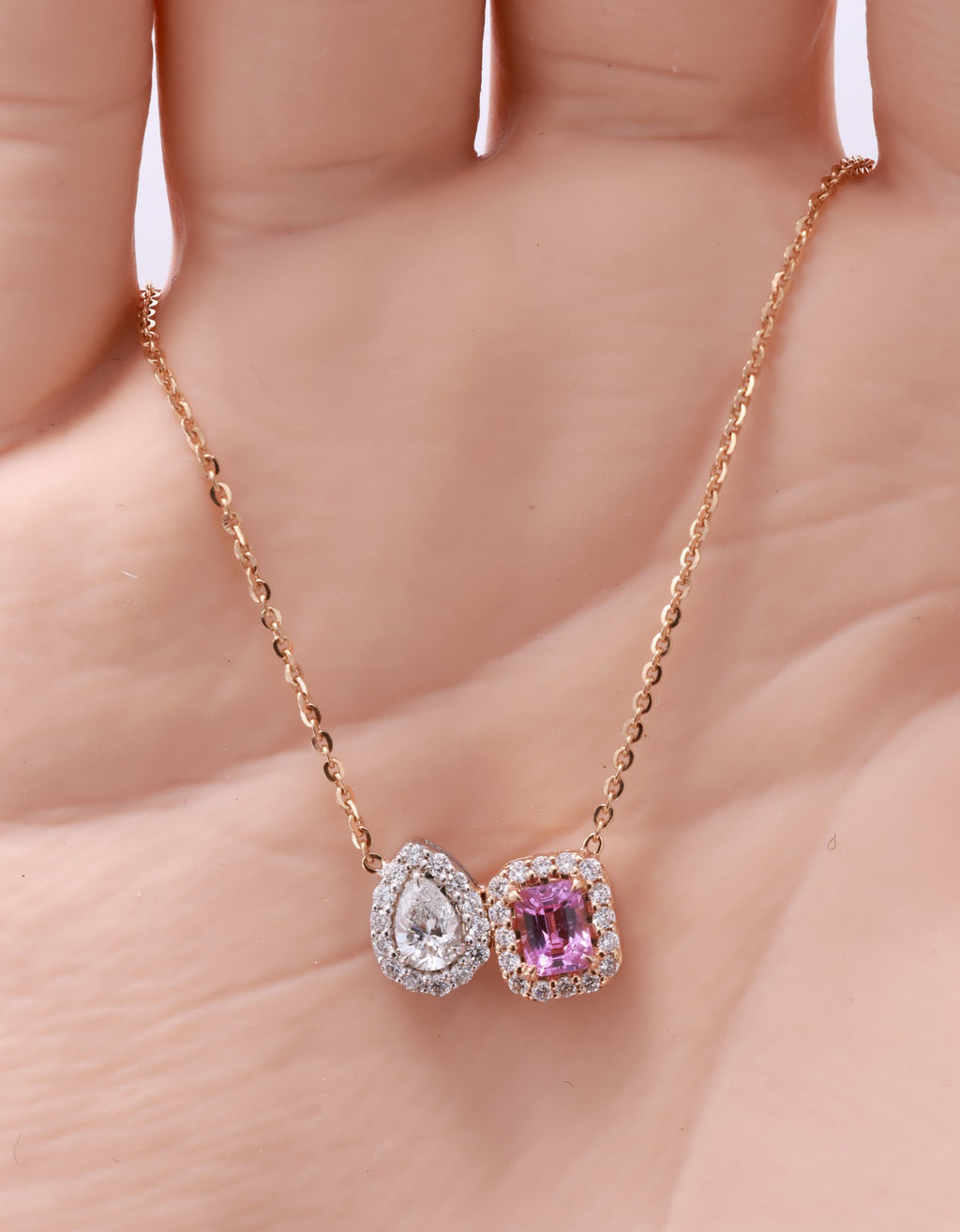 Unheated Pink Sapphire & Pear Diamond Toi et Moi Pendant in 18K rose gold — view 3