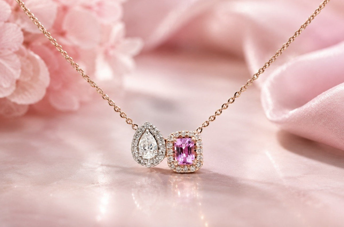 Unheated Pink Sapphire & Pear Diamond Toi et Moi Pendant in 18K rose gold — view 4