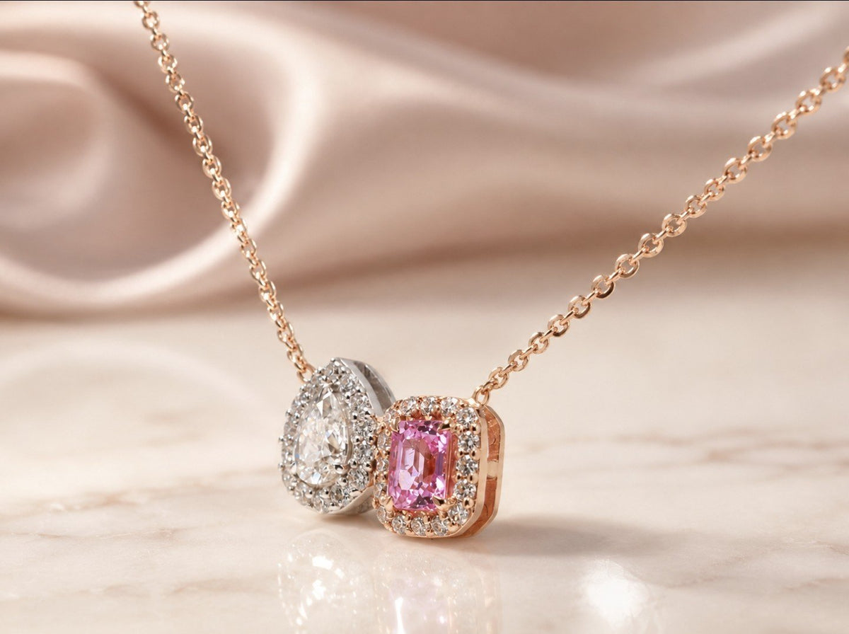Unheated Pink Sapphire & Pear Diamond Toi et Moi Pendant in 18K rose gold — view 5