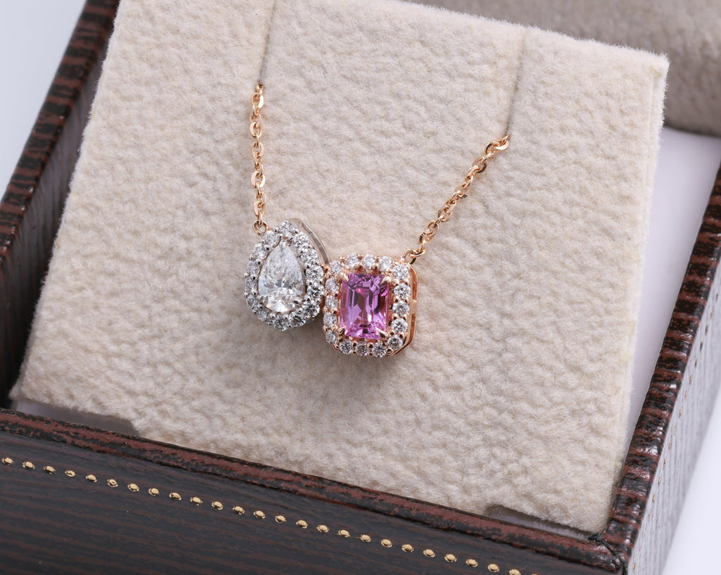 Unheated Pink Sapphire & Pear Diamond Toi et Moi Pendant in 18K rose gold — view 6