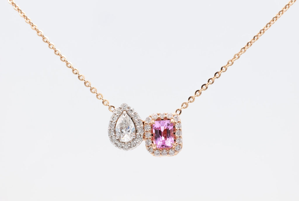 Unheated Pink Sapphire & Pear Diamond Toi et Moi Pendant in 18K rose gold — view 7