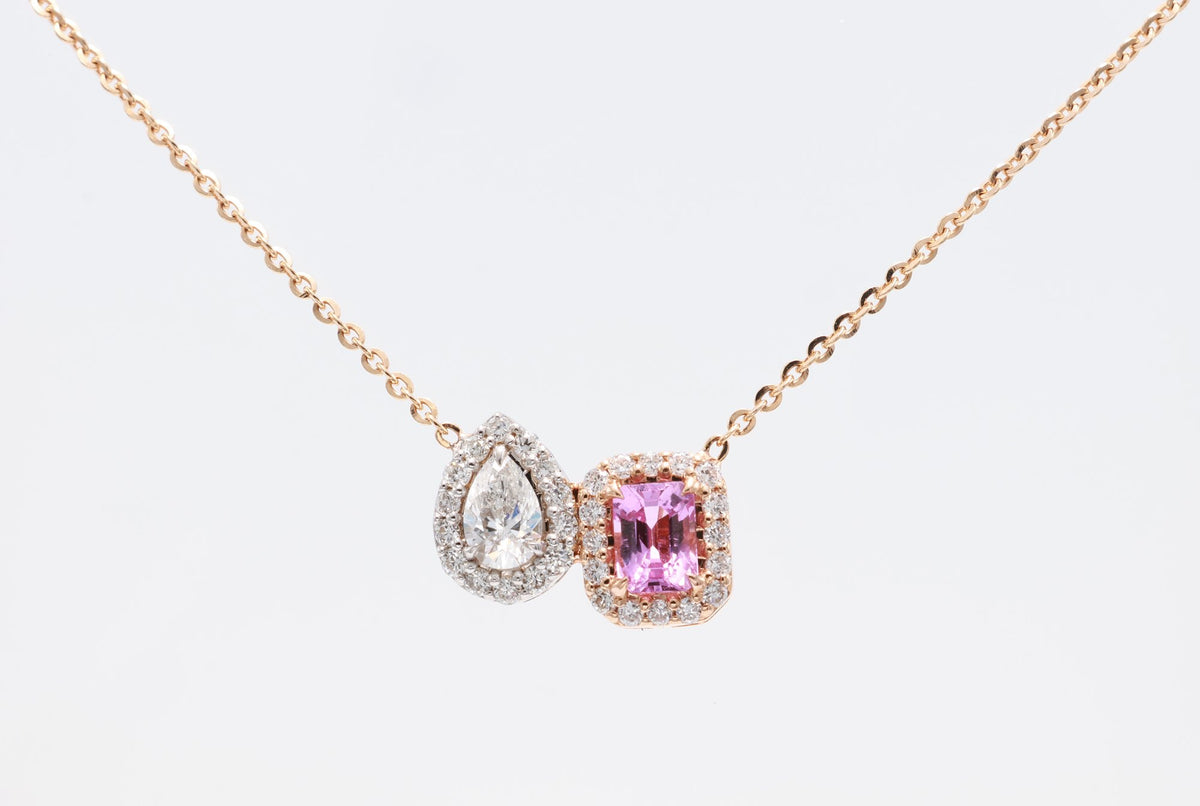 Unheated Pink Sapphire & Pear Diamond Toi et Moi Pendant in 18K rose gold — view 7