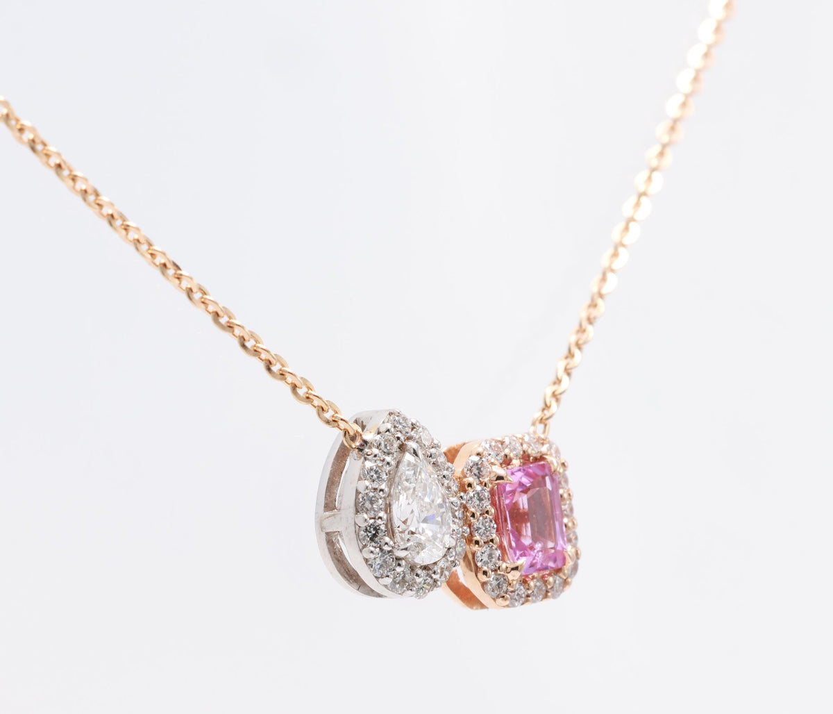 Unheated Pink Sapphire & Pear Diamond Toi et Moi Pendant in 18K rose gold — view 8