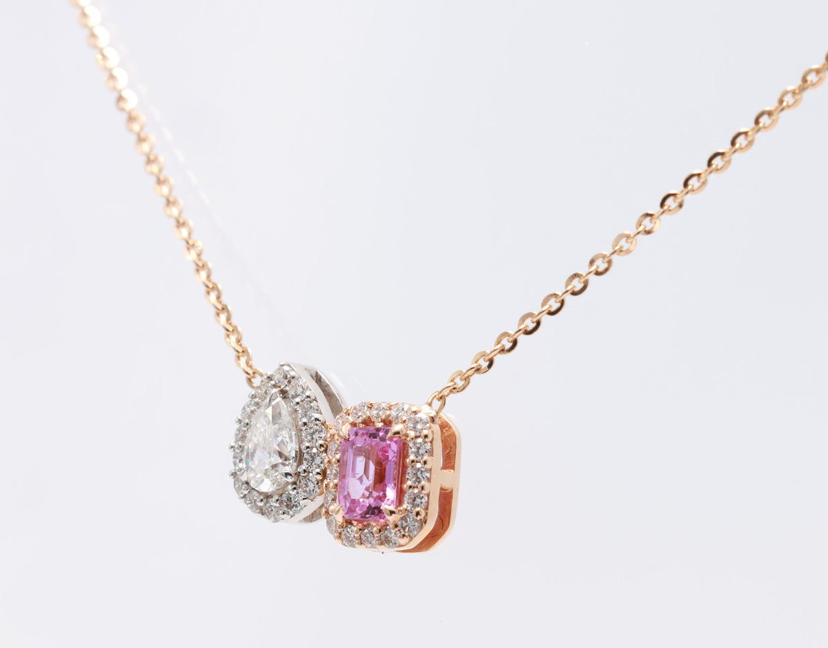 Unheated Pink Sapphire & Pear Diamond Toi et Moi Pendant in 18K rose gold — view 9