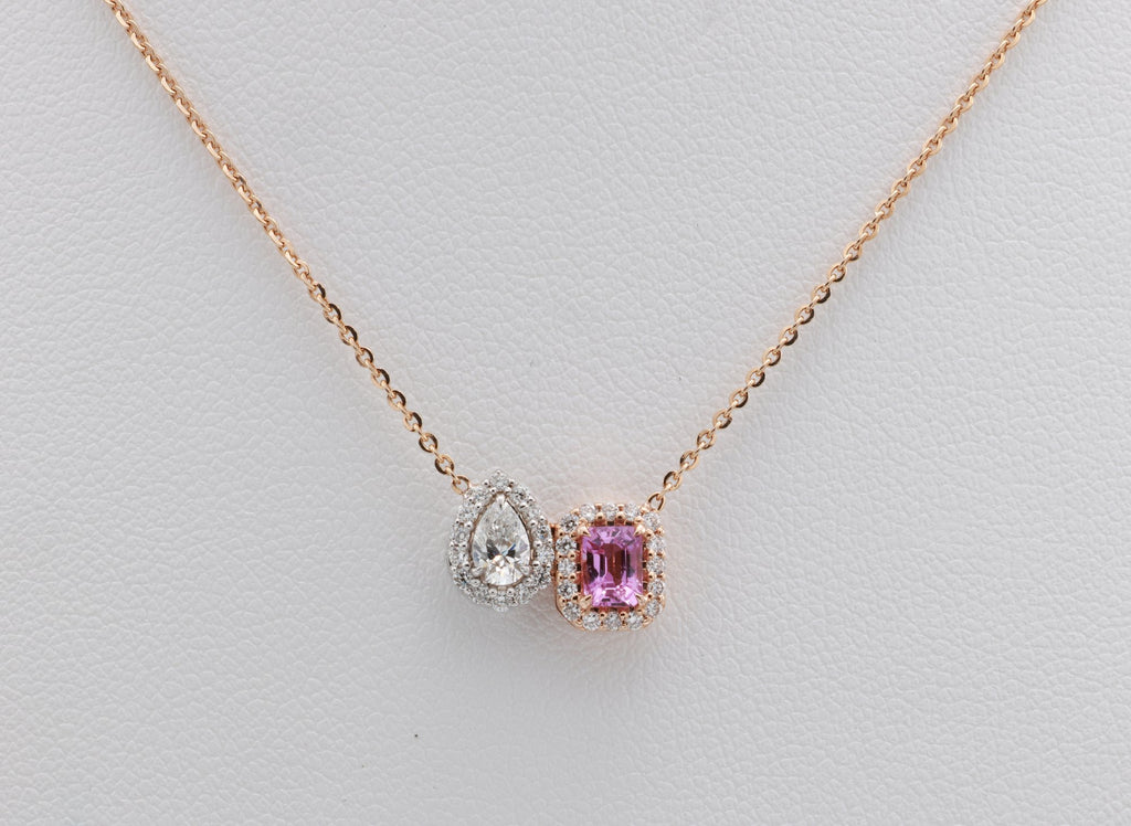 Unheated Pink Sapphire & Pear Diamond Toi et Moi Pendant in 18K rose gold — view 10
