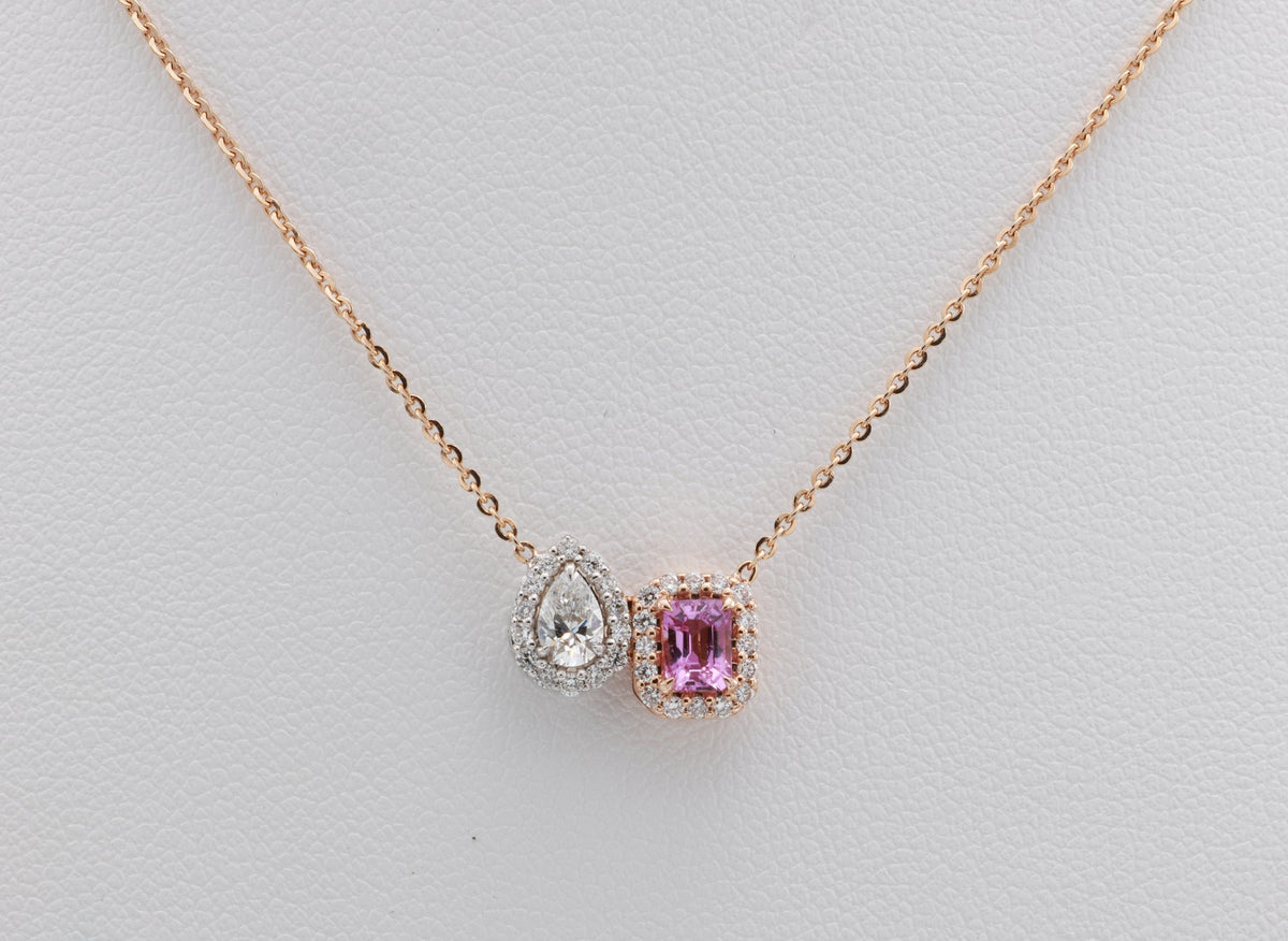 Unheated Pink Sapphire & Pear Diamond Toi et Moi Pendant in 18K rose gold — view 10