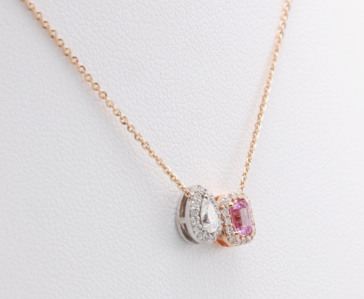 Unheated Pink Sapphire & Pear Diamond Toi et Moi Pendant in 18K rose gold — view 11