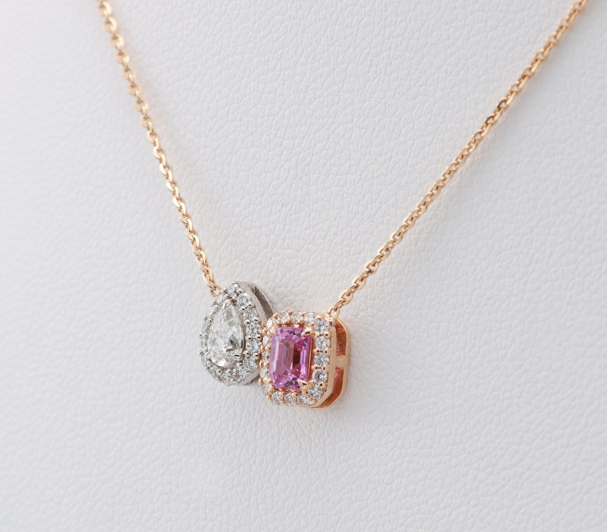 Unheated Pink Sapphire & Pear Diamond Toi et Moi Pendant in 18K rose gold — view 12