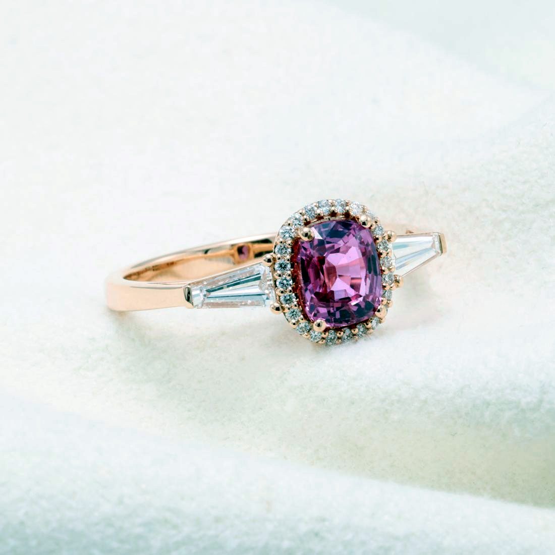 Unheated Pink Sapphire & Tapered Diamond Ring — view 2
