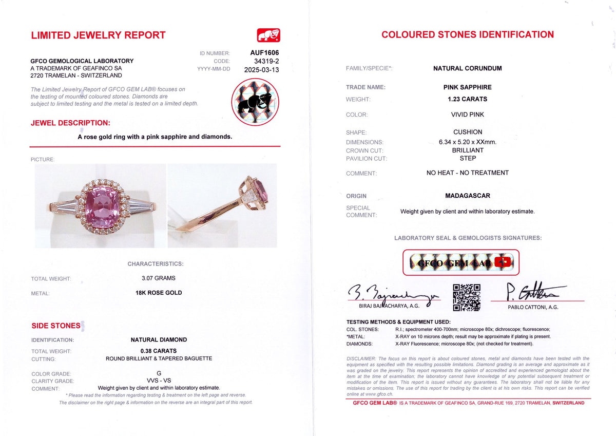 Unheated Pink Sapphire & Tapered Diamond Ring — GFCO laboratory report