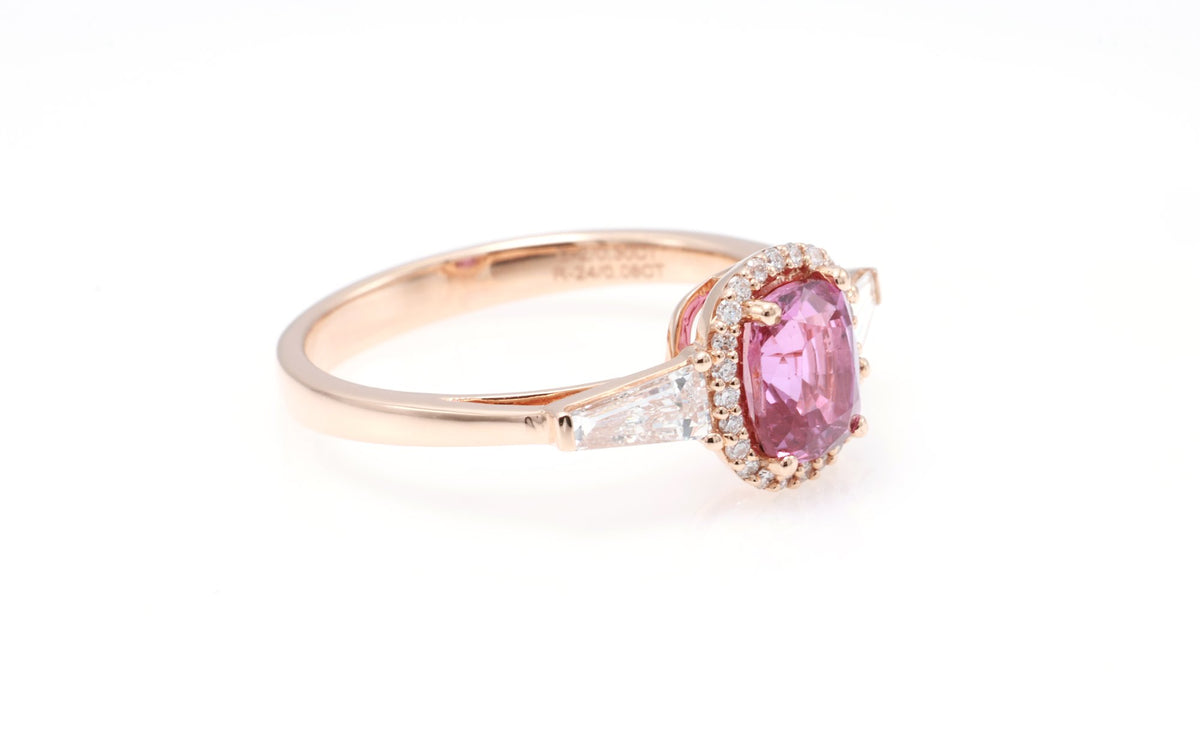 Unheated Pink Sapphire & Tapered Diamond Ring in 18K rose gold — view 3