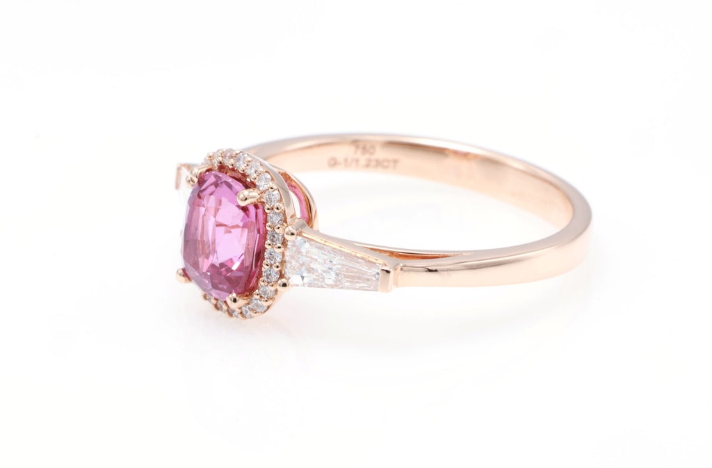 Unheated Pink Sapphire & Tapered Diamond Ring in 18K rose gold — view 4