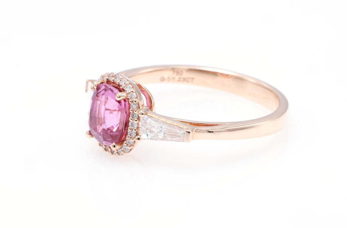 Unheated Pink Sapphire & Tapered Diamond Ring in 18K rose gold — view 4