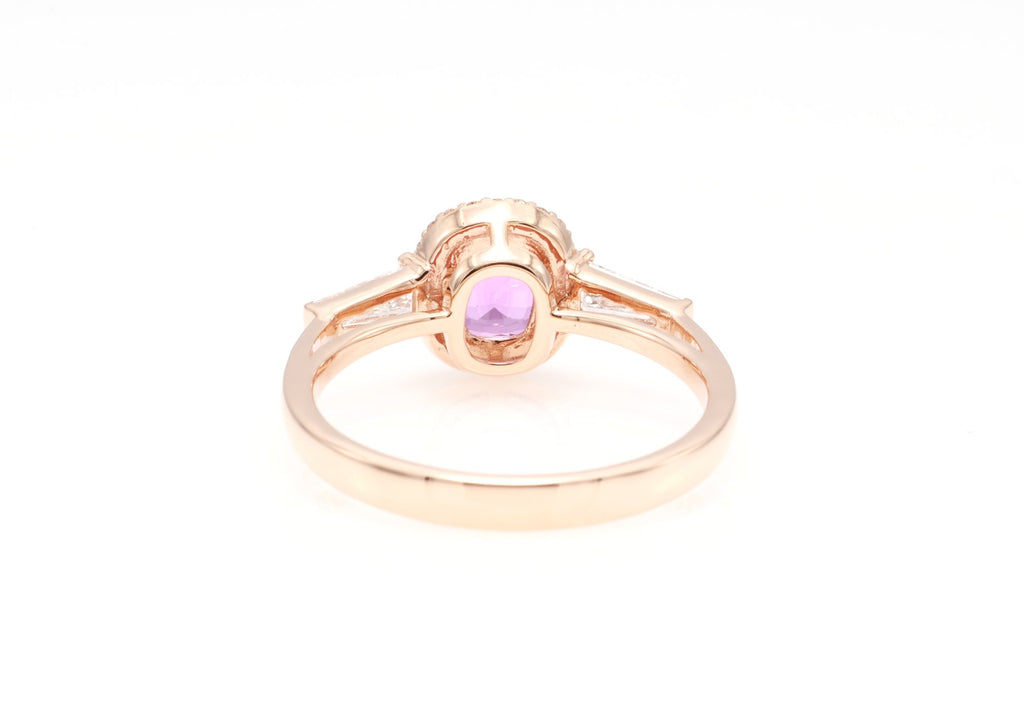 Unheated Pink Sapphire & Tapered Diamond Ring in 18K rose gold — view 5