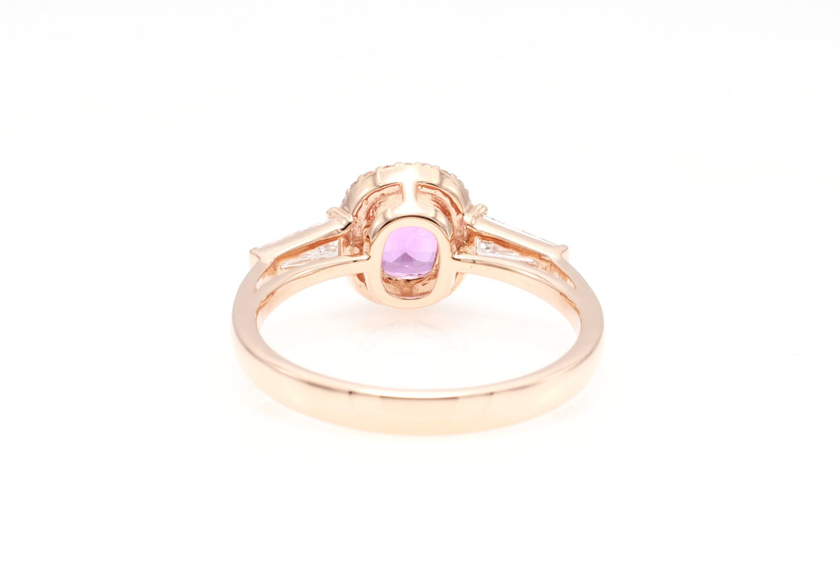 Unheated Pink Sapphire & Tapered Diamond Ring in 18K rose gold — view 5