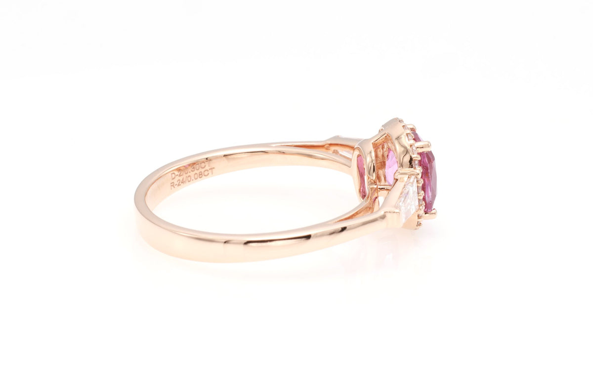 Unheated Pink Sapphire & Tapered Diamond Ring in 18K rose gold — view 6