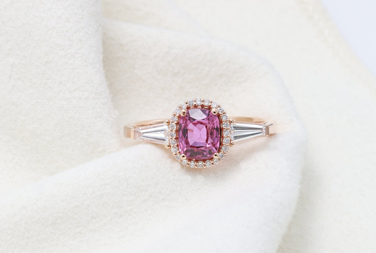 Unheated Pink Sapphire & Tapered Diamond Ring in 18K rose gold — view 7