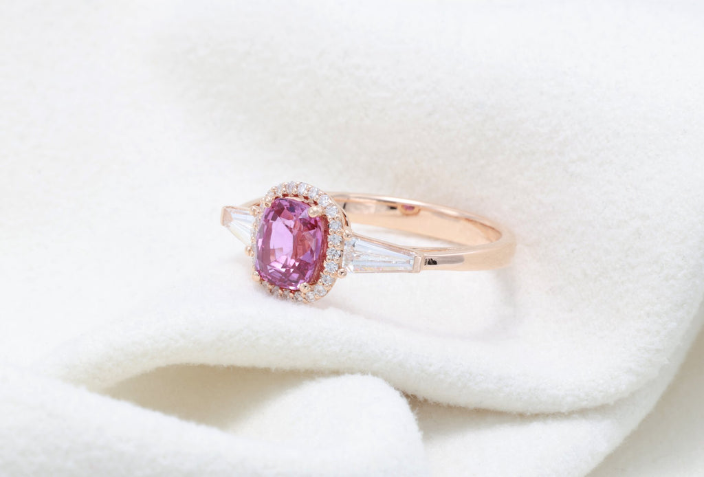 Unheated Pink Sapphire & Tapered Diamond Ring in 18K rose gold — view 8