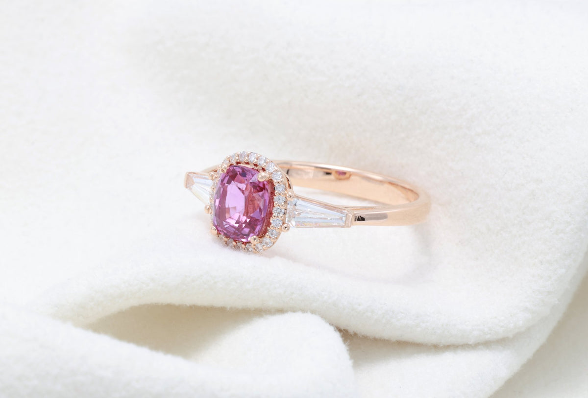 Unheated Pink Sapphire & Tapered Diamond Ring in 18K rose gold — view 8