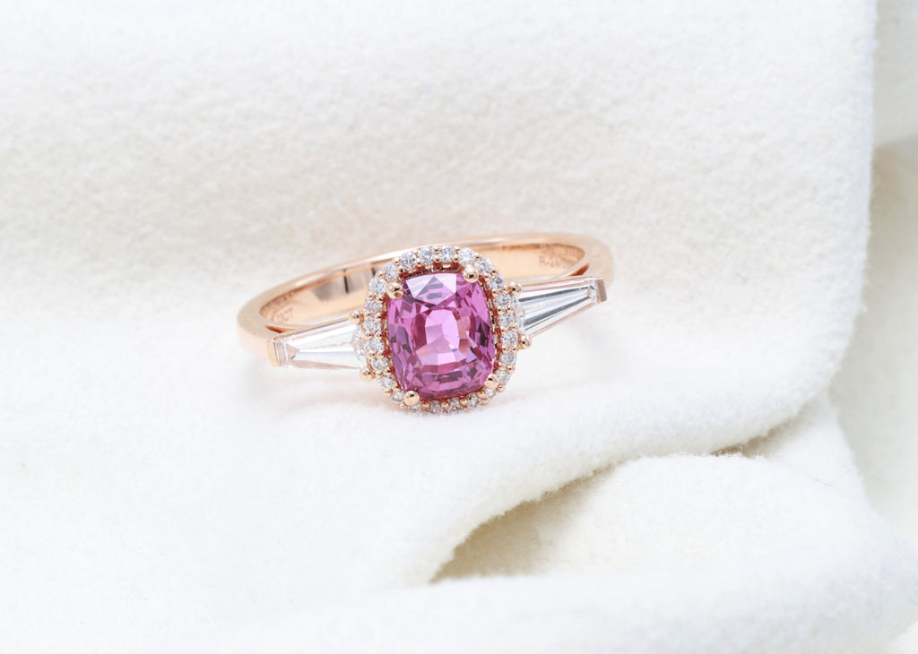 Unheated Pink Sapphire & Tapered Diamond Ring in 18K rose gold — view 9
