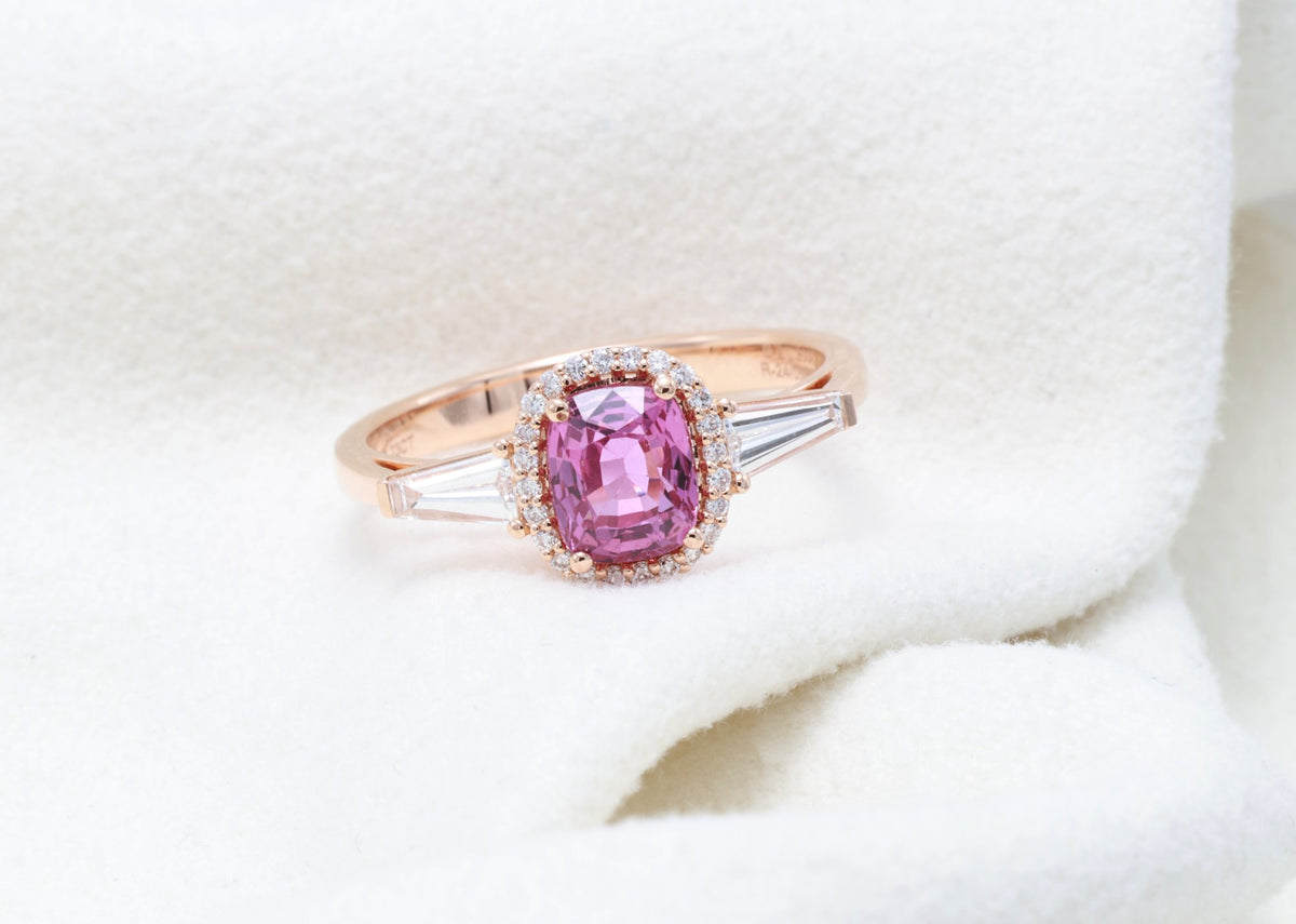 Unheated Pink Sapphire & Tapered Diamond Ring in 18K rose gold — view 9
