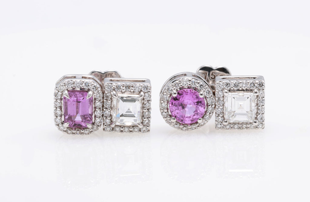 Vivid Pink Sapphire & Carré Diamond Earrings in 18K white gold — view 1