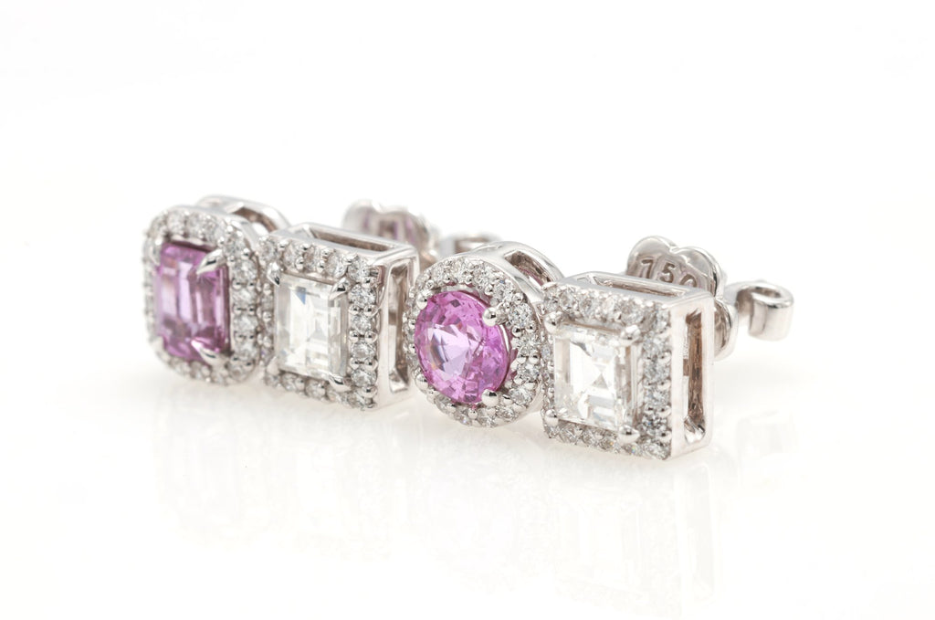 Vivid Pink Sapphire & Carré Diamond Earrings in 18K white gold — view 2
