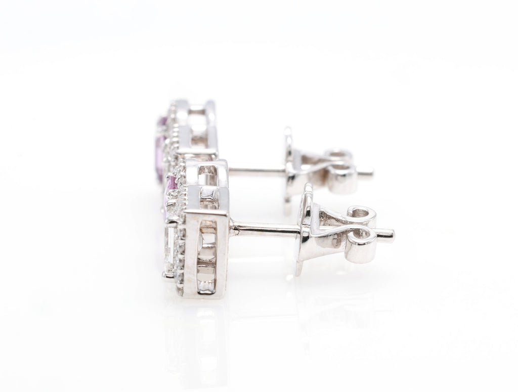 Vivid Pink Sapphire & Carré Diamond Earrings in 18K white gold — view 3