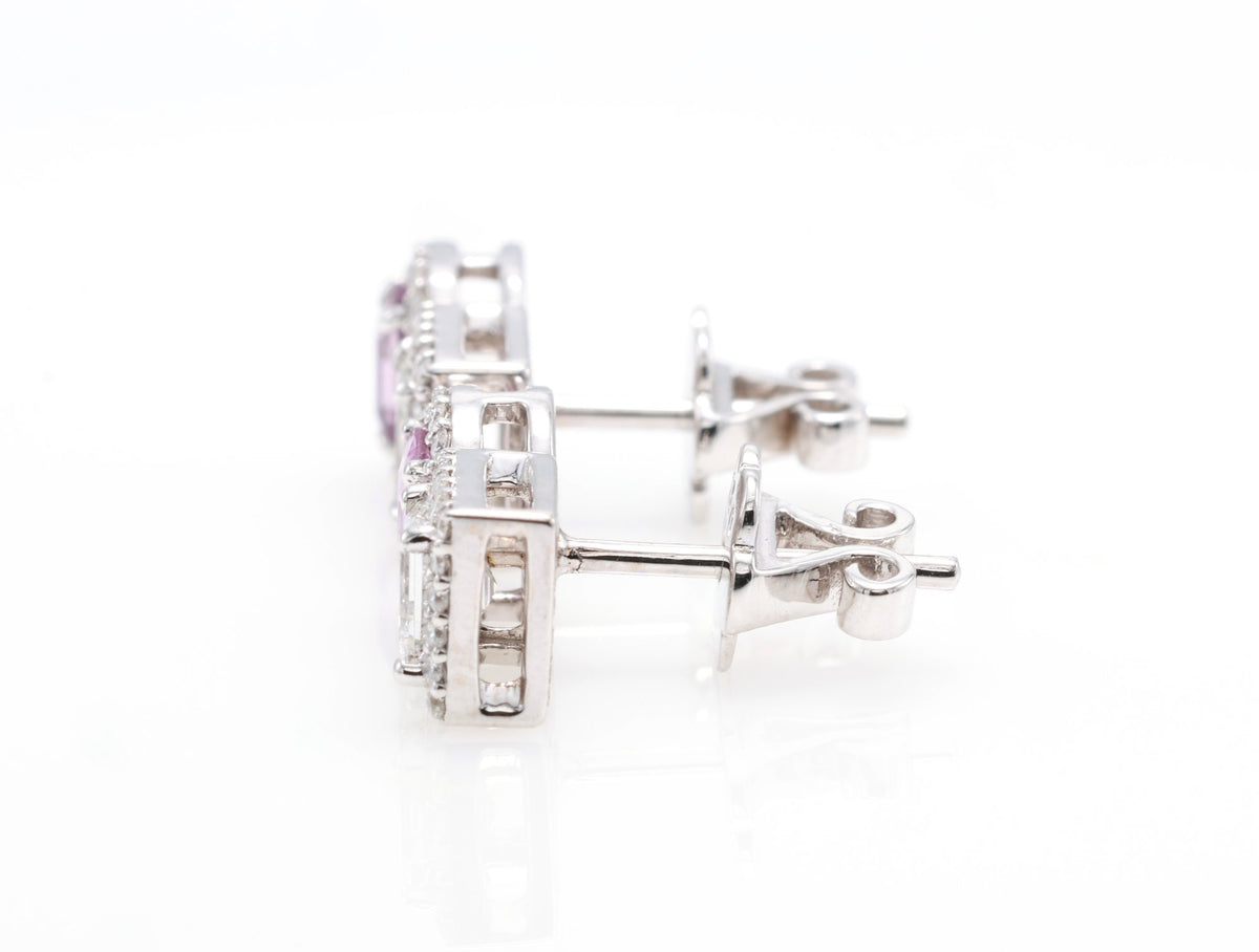 Vivid Pink Sapphire & Carré Diamond Earrings in 18K white gold — view 3