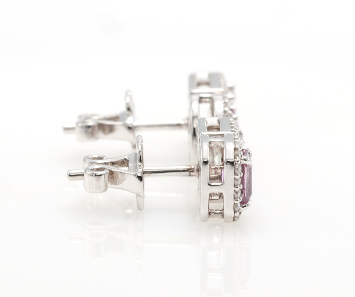 Vivid Pink Sapphire & Carré Diamond Earrings in 18K white gold — view 4