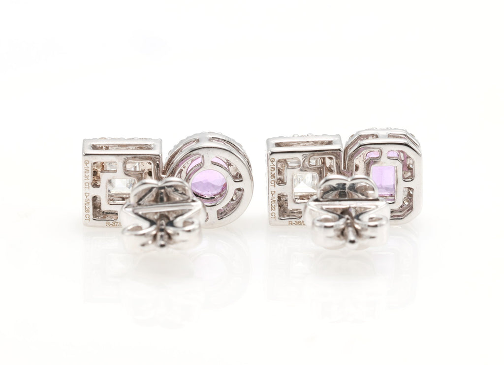Vivid Pink Sapphire & Carré Diamond Earrings in 18K white gold — view 5