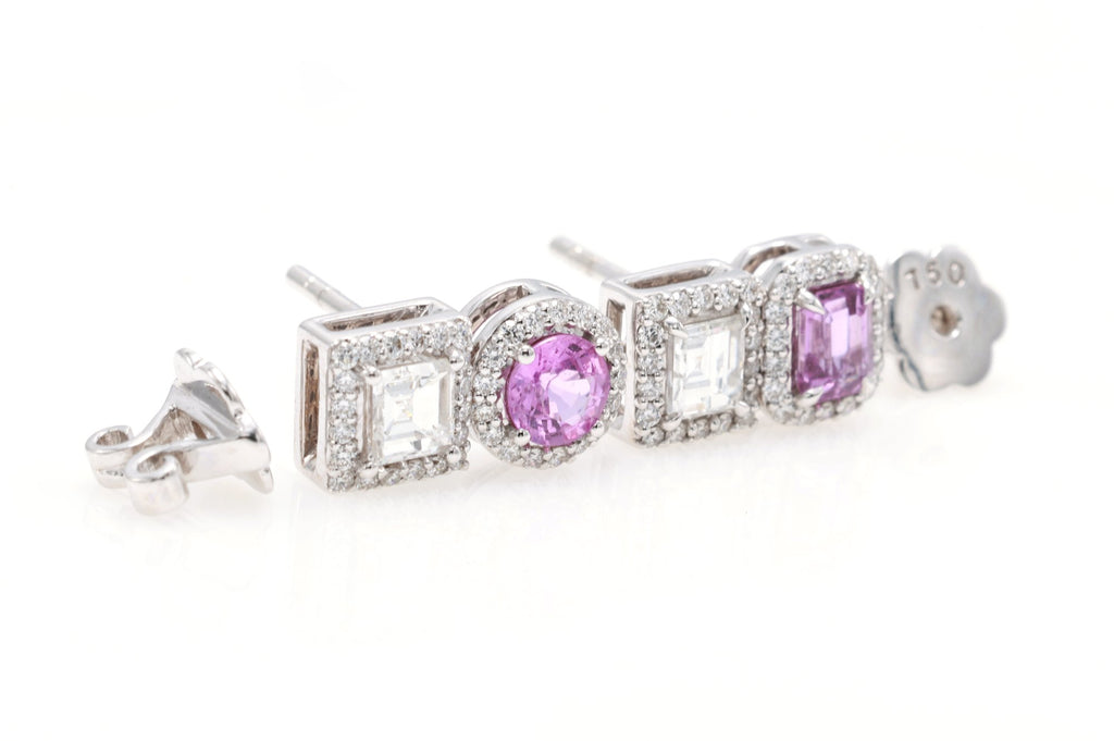 Vivid Pink Sapphire & Carré Diamond Earrings in 18K white gold — view 6