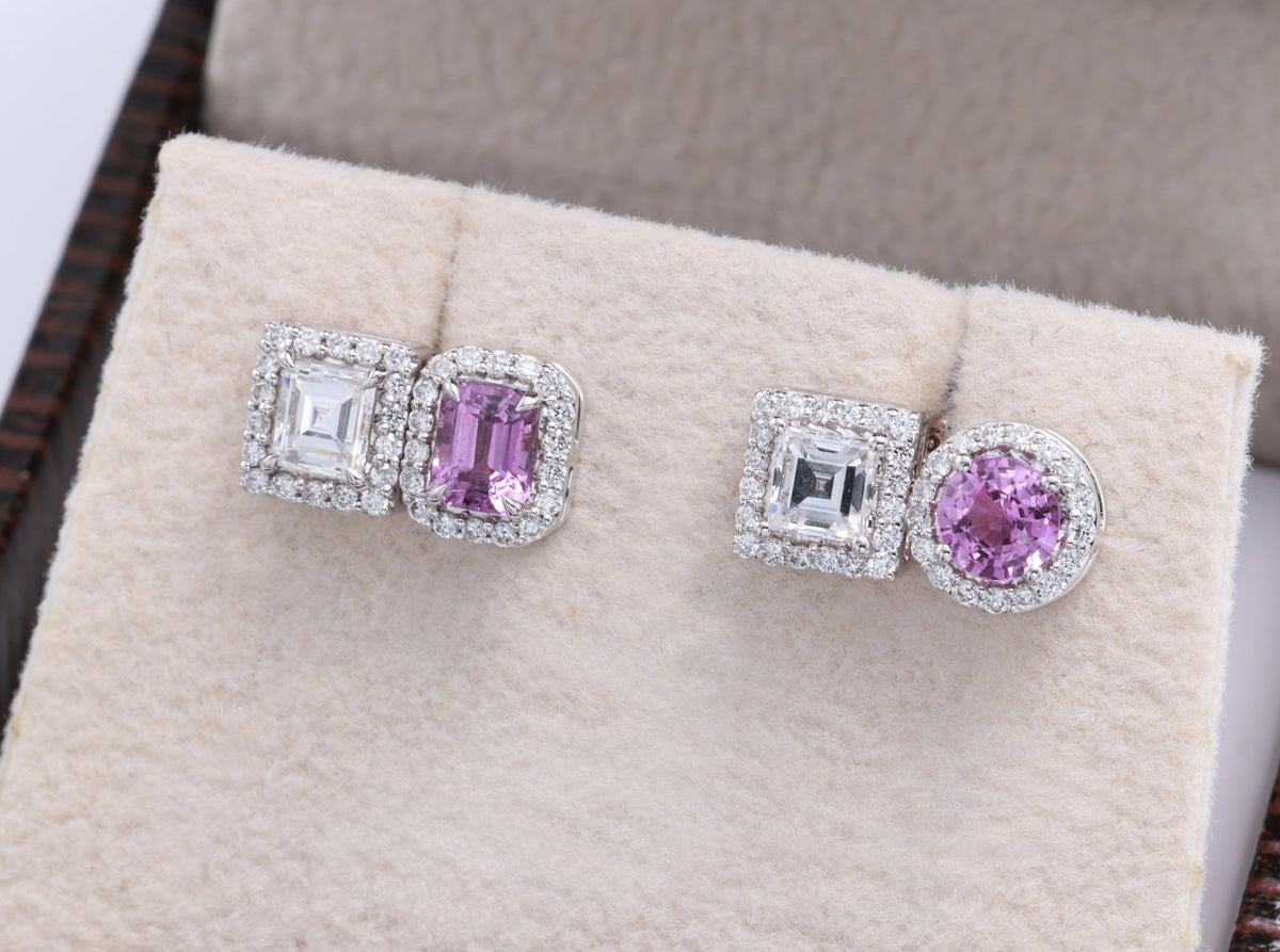 Vivid Pink Sapphire & Carré Diamond Earrings in 18K white gold — view 7
