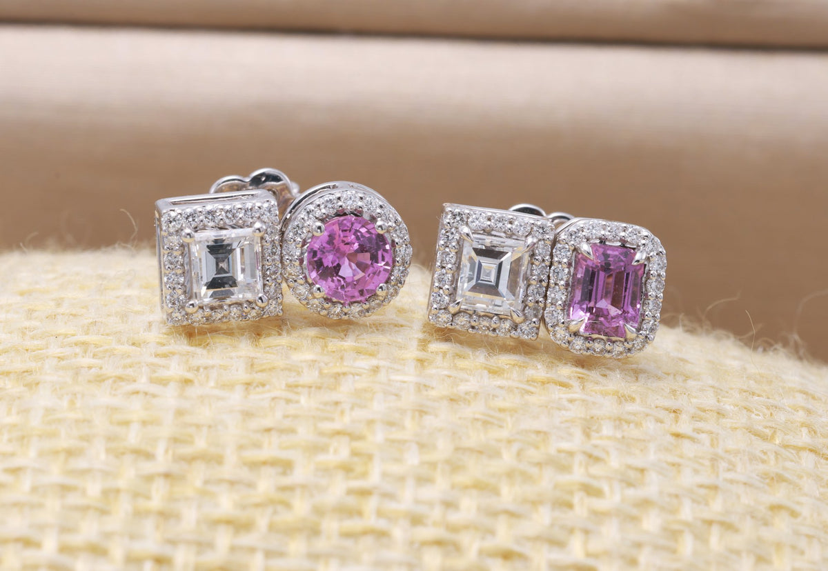Vivid Pink Sapphire & Carré Diamond Earrings in 18K white gold — view 8