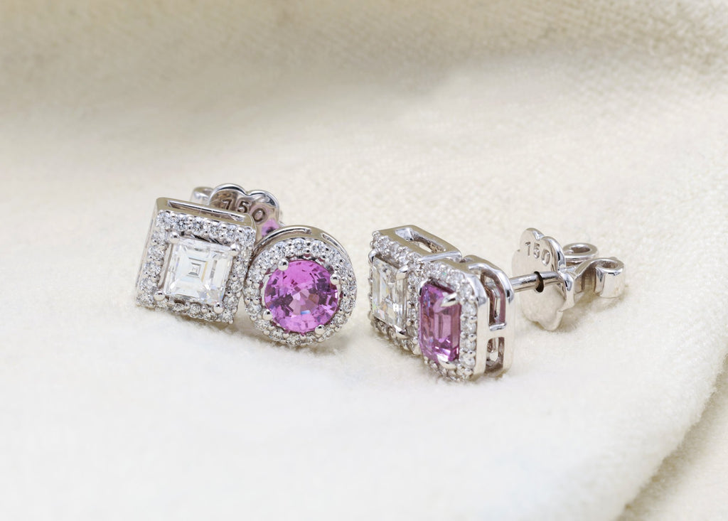 Vivid Pink Sapphire & Carré Diamond Earrings in 18K white gold — view 10
