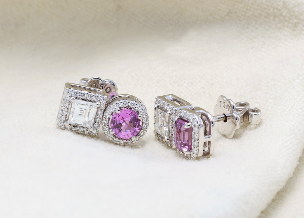 Vivid Pink Sapphire & Carré Diamond Earrings in 18K white gold — view 10