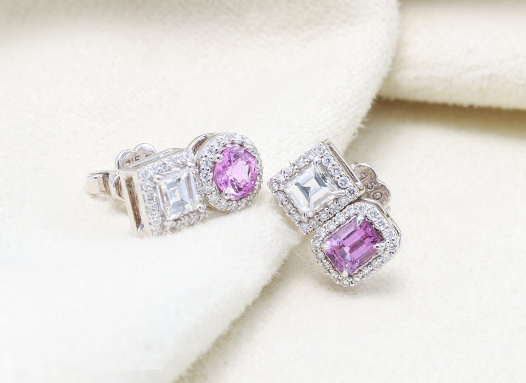 Vivid Pink Sapphire & Carré Diamond Earrings in 18K white gold — view 11