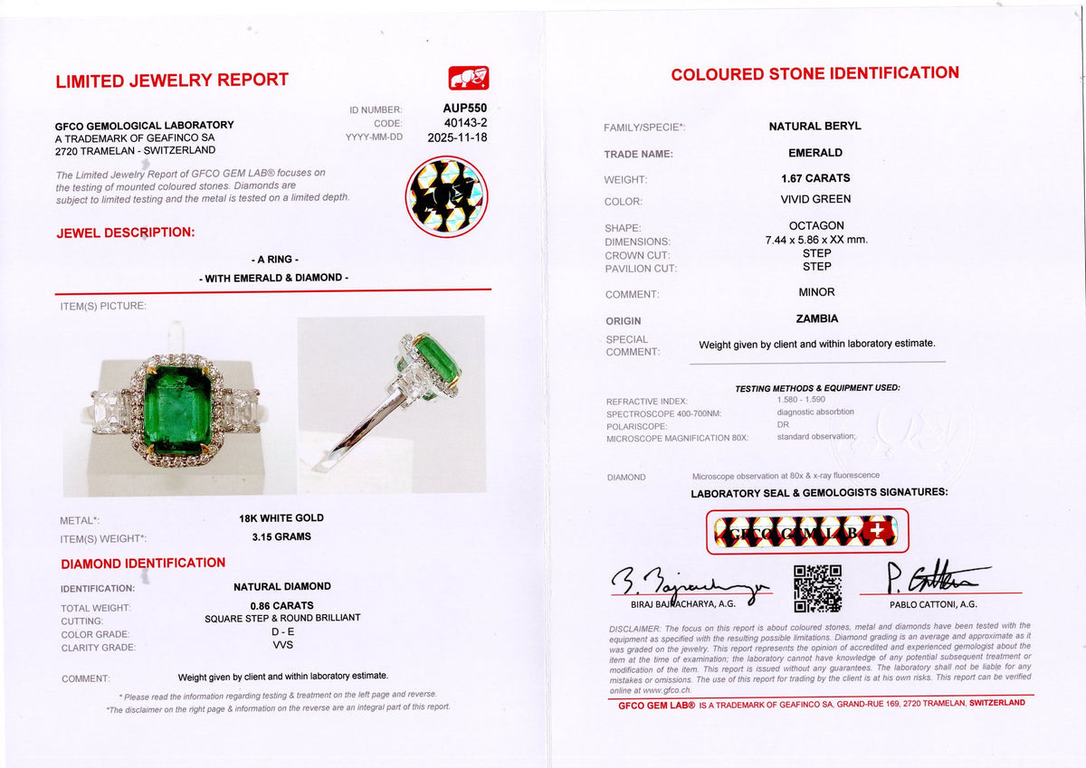 Zambian Emerald & Asscher Diamond Ring — GFCO laboratory report