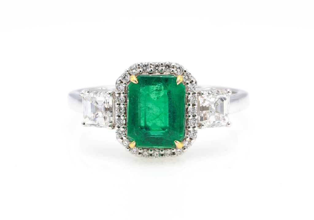 Zambian Emerald & Asscher Diamond Ring in 18K white gold — view 1