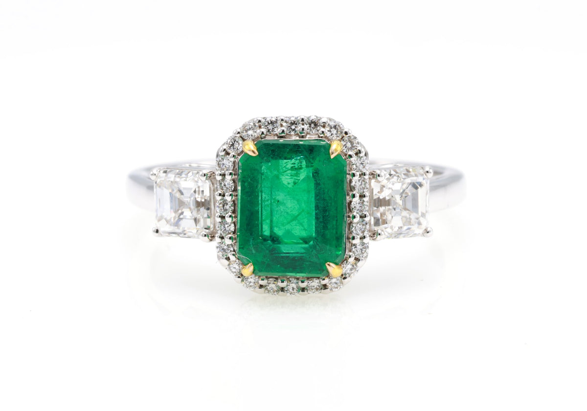 Zambian Emerald & Asscher Diamond Ring in 18K white gold — view 1