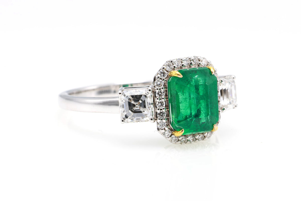 Zambian Emerald & Asscher Diamond Ring in 18K white gold — view 2