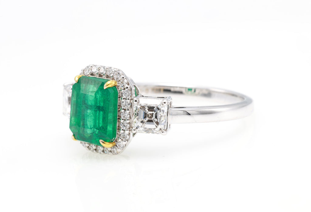 Zambian Emerald & Asscher Diamond Ring in 18K white gold — view 3