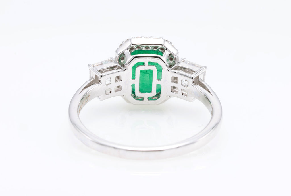 Zambian Emerald & Asscher Diamond Ring in 18K white gold — view 4