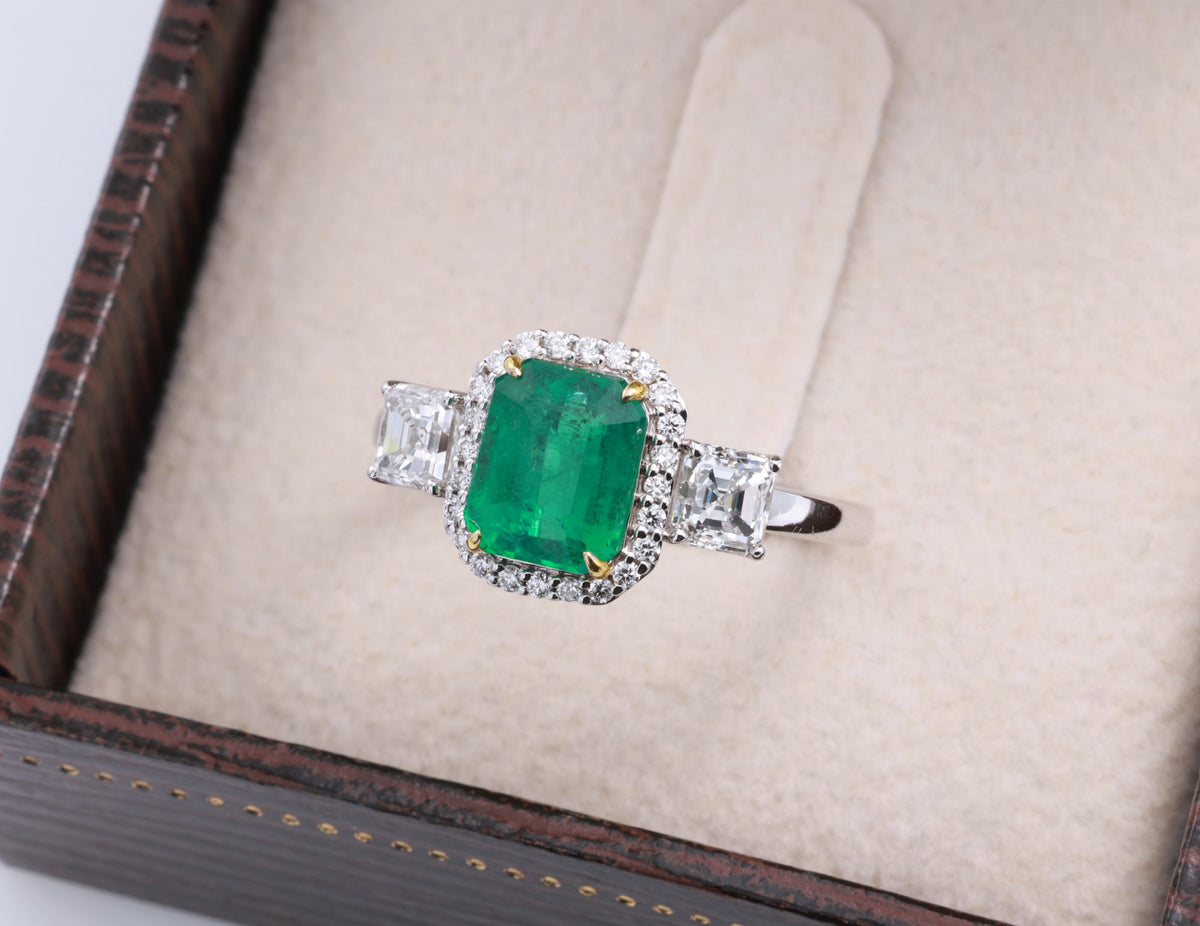 Zambian Emerald & Asscher Diamond Ring in 18K white gold — view 6