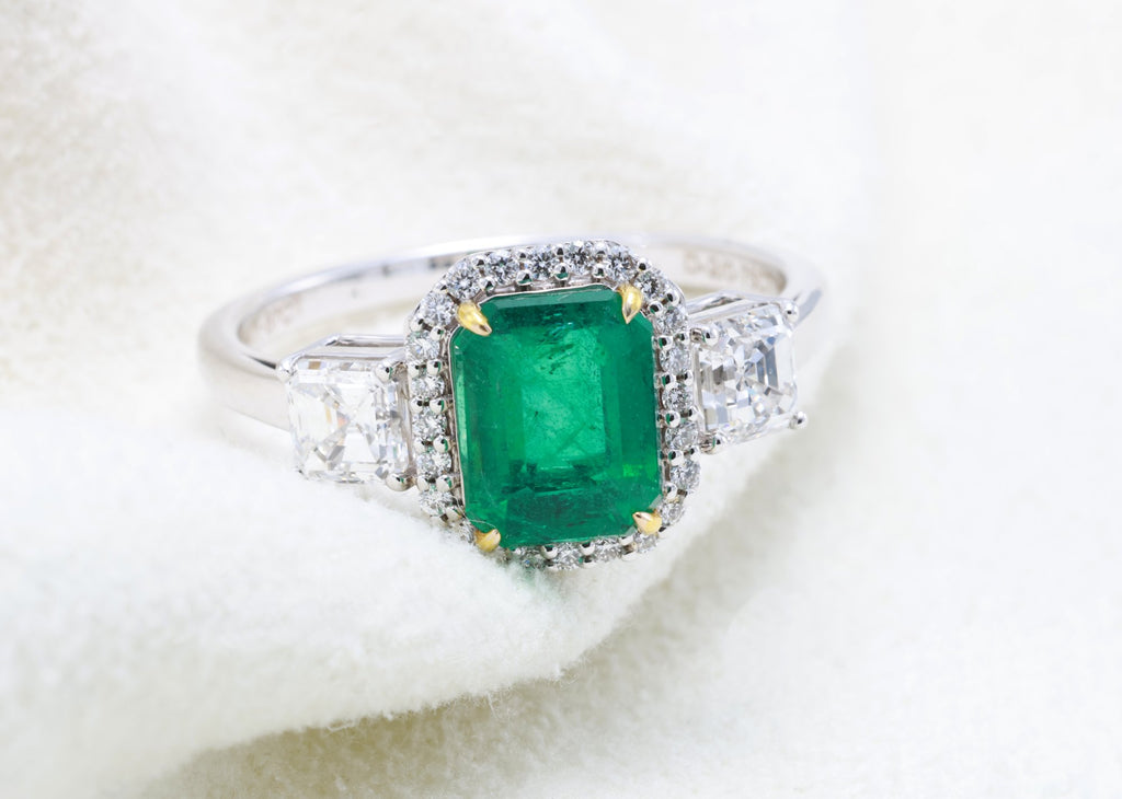 Zambian Emerald & Asscher Diamond Ring in 18K white gold — view 7