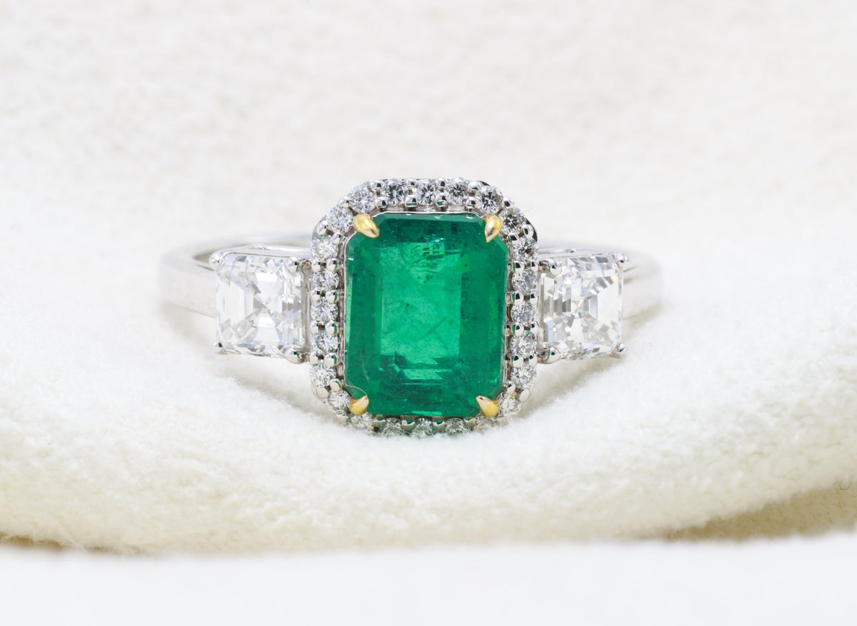 Zambian Emerald & Asscher Diamond Ring in 18K white gold — view 8